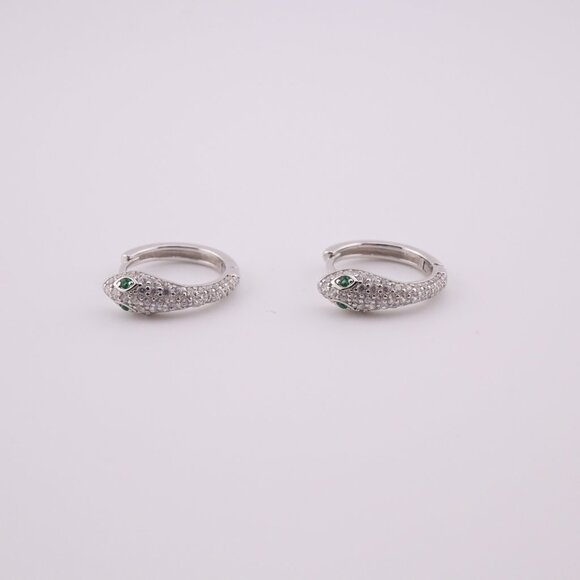 Women's Sterling Silver Snake Hoop Earrings with Green CZ Eyes Unique & Bold ** - Picture 1 of 9